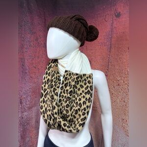 NWT C.C Beanie Leopard Print Infinity Scarf with Brown Knit Hat